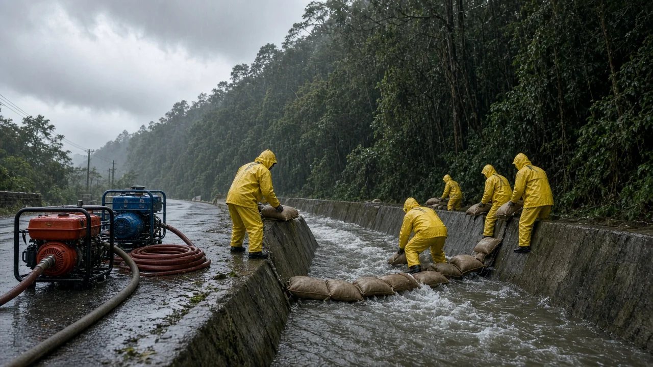 Civil-defense workers in rain gear placing sandbags along a concrete spillway channel beneath a forested slope, portable pumps and coiled hose on the roadside