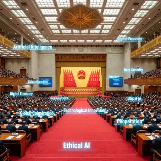 Interior of the Great Hall of the People during the 2026 National People's Congress session with digital overlay showing AI policy keywords