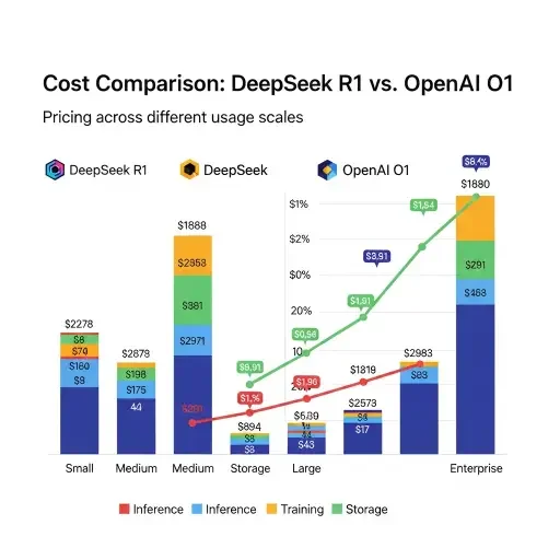 Cost comparison visualization showing DeepSeek R1 versus OpenAI o1 pricing across different usage scales