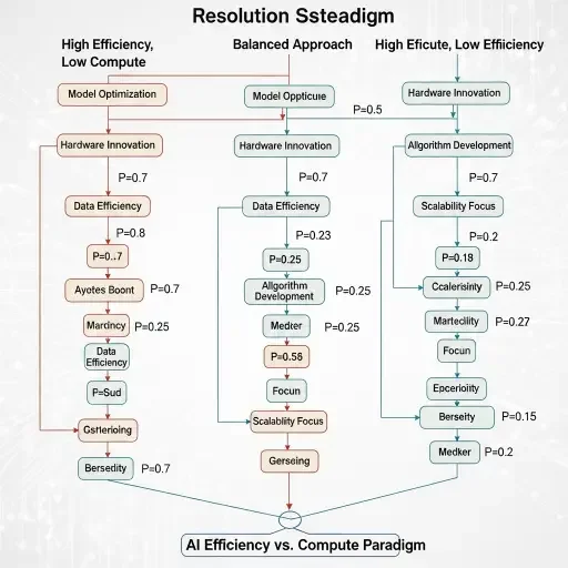 Decision tree visualization showing three resolution scenarios with probability weightings for the AI efficiency versus compute paradigm