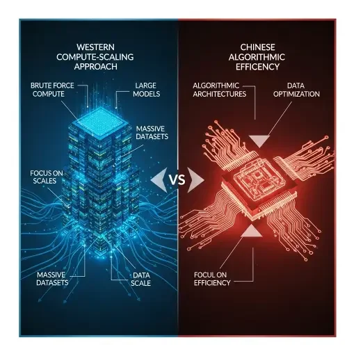 Diagram comparing Western compute-scaling approach versus Chinese algorithmic efficiency approach in AI development