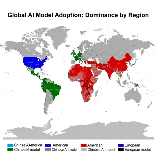World map showing AI model adoption rates: Chinese models dominant in Africa, Asia, and cost-sensitive markets