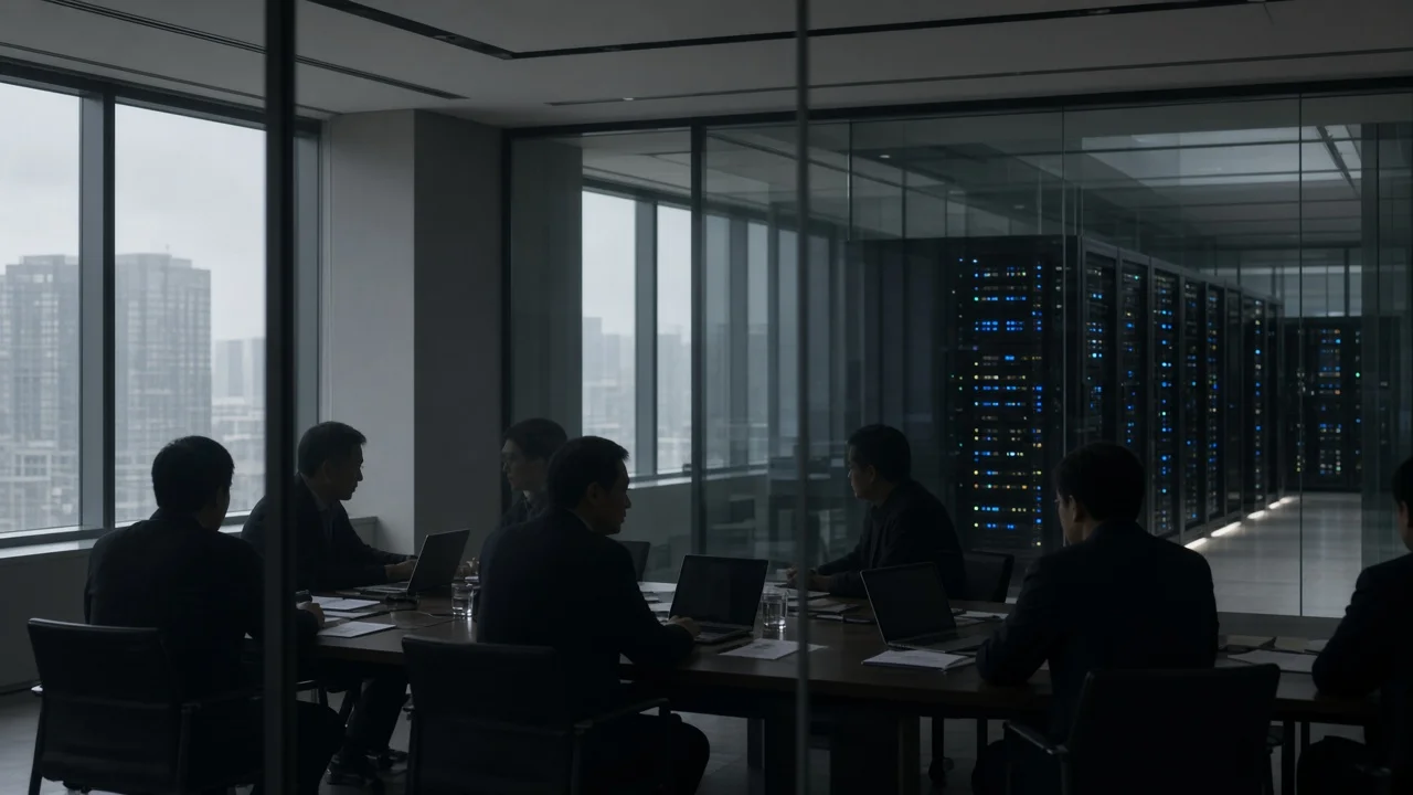 Officials in silhouette at a long conference table seen through glass, with a server aisle blinking in the background