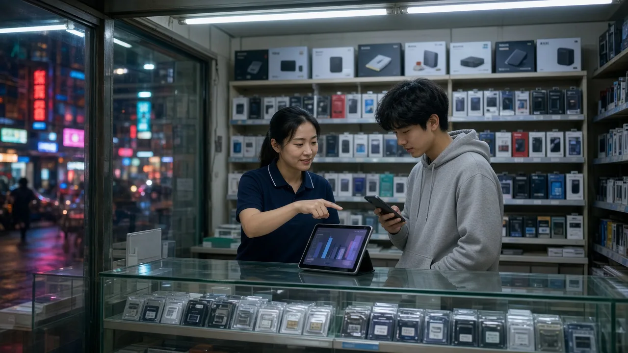 Telecom clerk explaining an AI usage plan on a tablet to a young customer under fluorescent store light at night