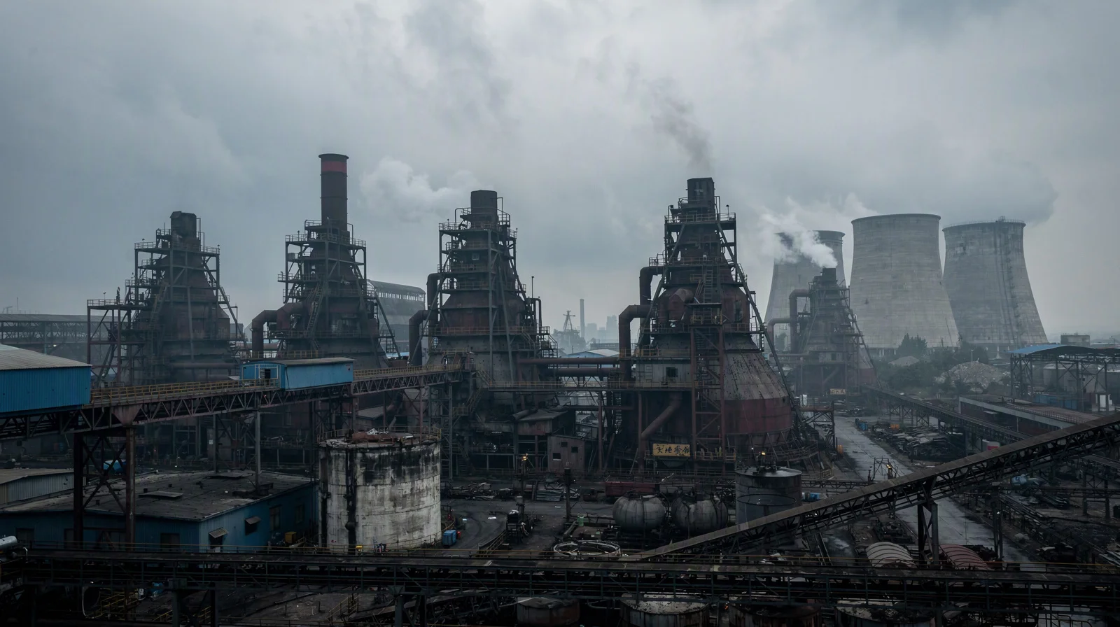 Chinese integrated steel mill blast furnaces under overcast sky with thin steam plumes suggesting low utilization