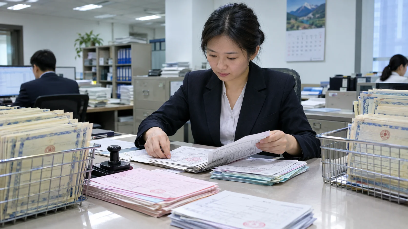Back-office clerk sorting stamped bond transfer forms and redemption slips beside wire baskets of custody certificates
