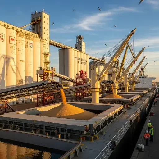 Bulk carrier being loaded with soybeans at a US port, silos and cranes in late afternoon light