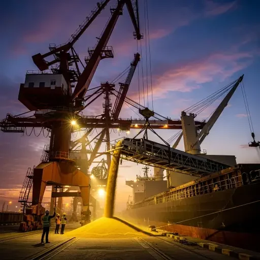 Port cranes lowering a conveyor belt as grain is moved, twilight