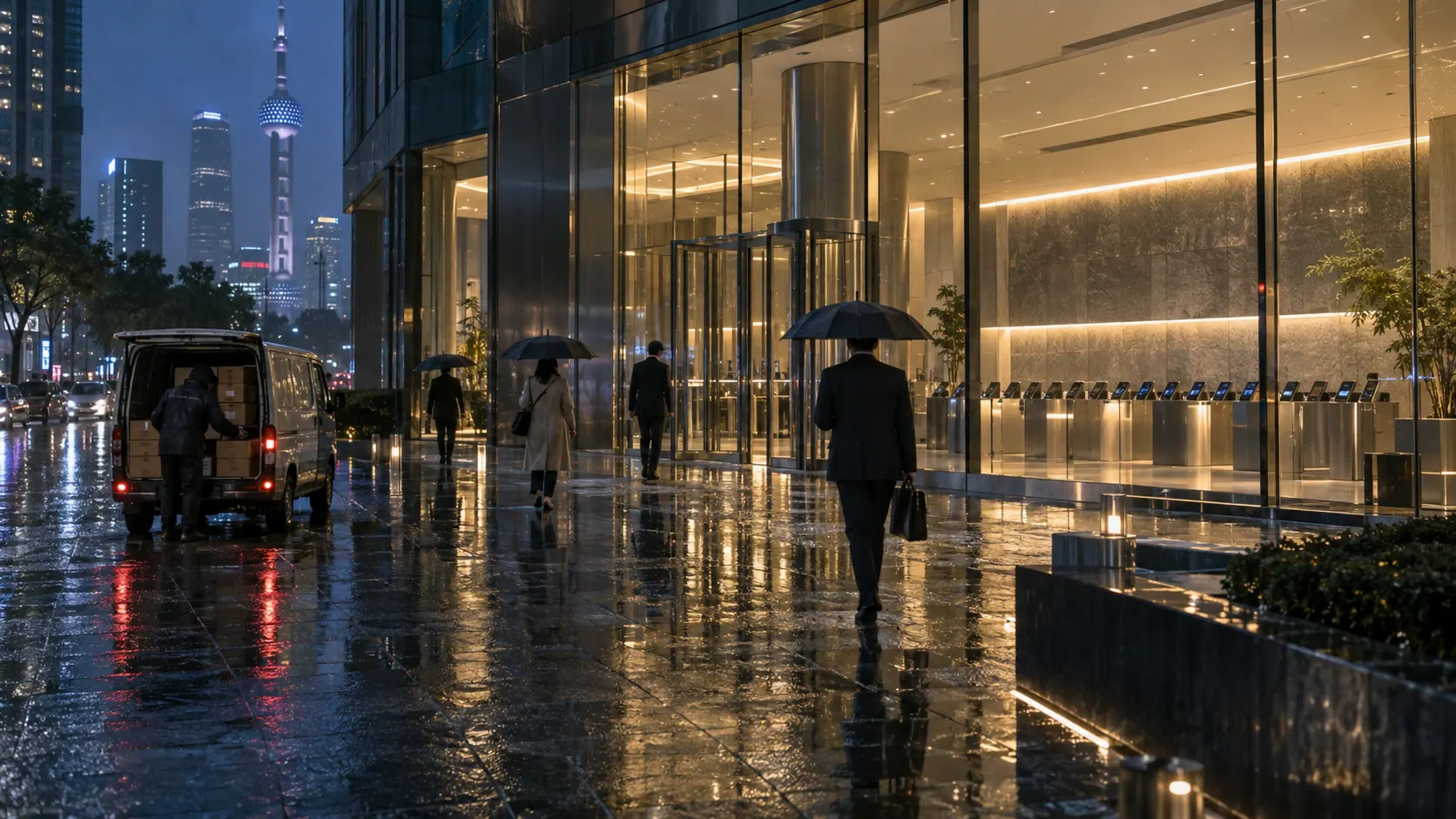 Rain-soaked Shanghai financial district outside an unbranded glass clearing center, with office workers under umbrellas and a delivery van at the curb