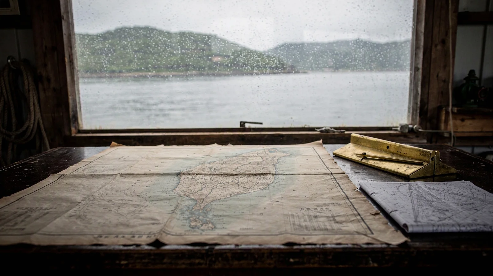 A weathered map of Taiwan and the Chinese coast on a chart table beside a rain-streaked window overlooking the sea