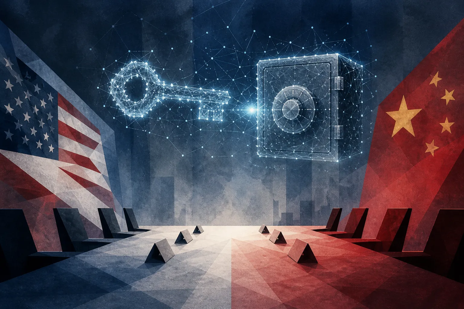Abstract diplomatic table between geometric flags with a glowing neural network forming a key and locked vault above the negotiation surface