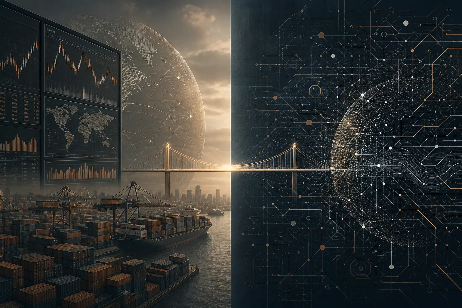 Split illustration of market trading screens and shipping containers linked by a narrow light bridge to an AI circuit mesh