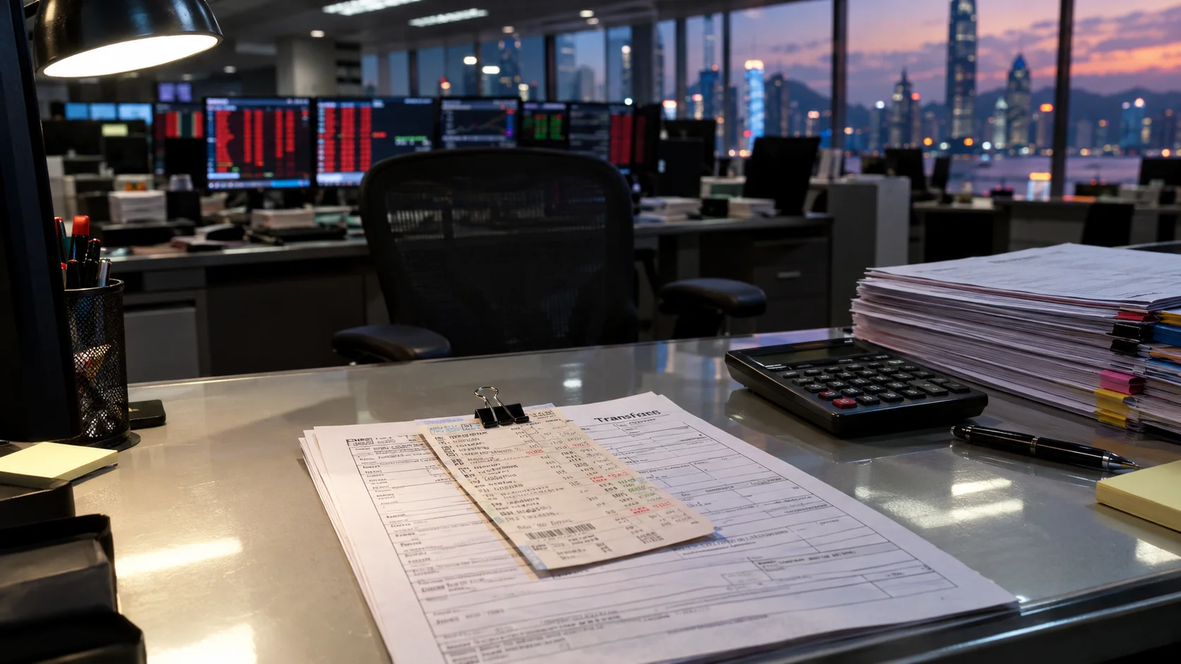 Printed block-trade paperwork and share transfer forms on a Hong Kong brokerage desk with blurred red price screens behind