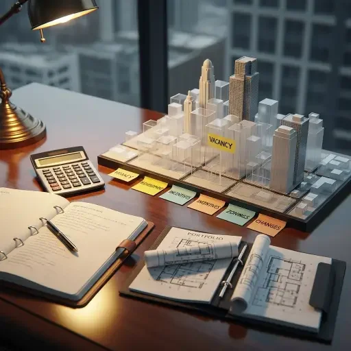 A banker’s desk with a notebook, a calculator, and a tiny model of a city, symbolizing the translation of vacancy into policy and portfolio decisions