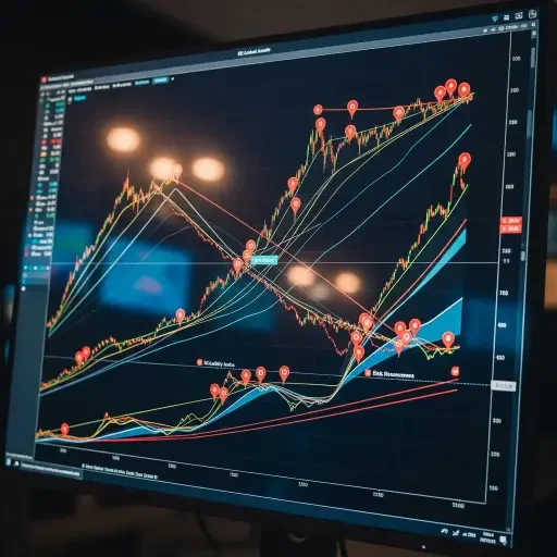 A chart-filled screen in a trading room showing sloped lines and red markers, symbolizing risk reassessment in real estate-linked assets