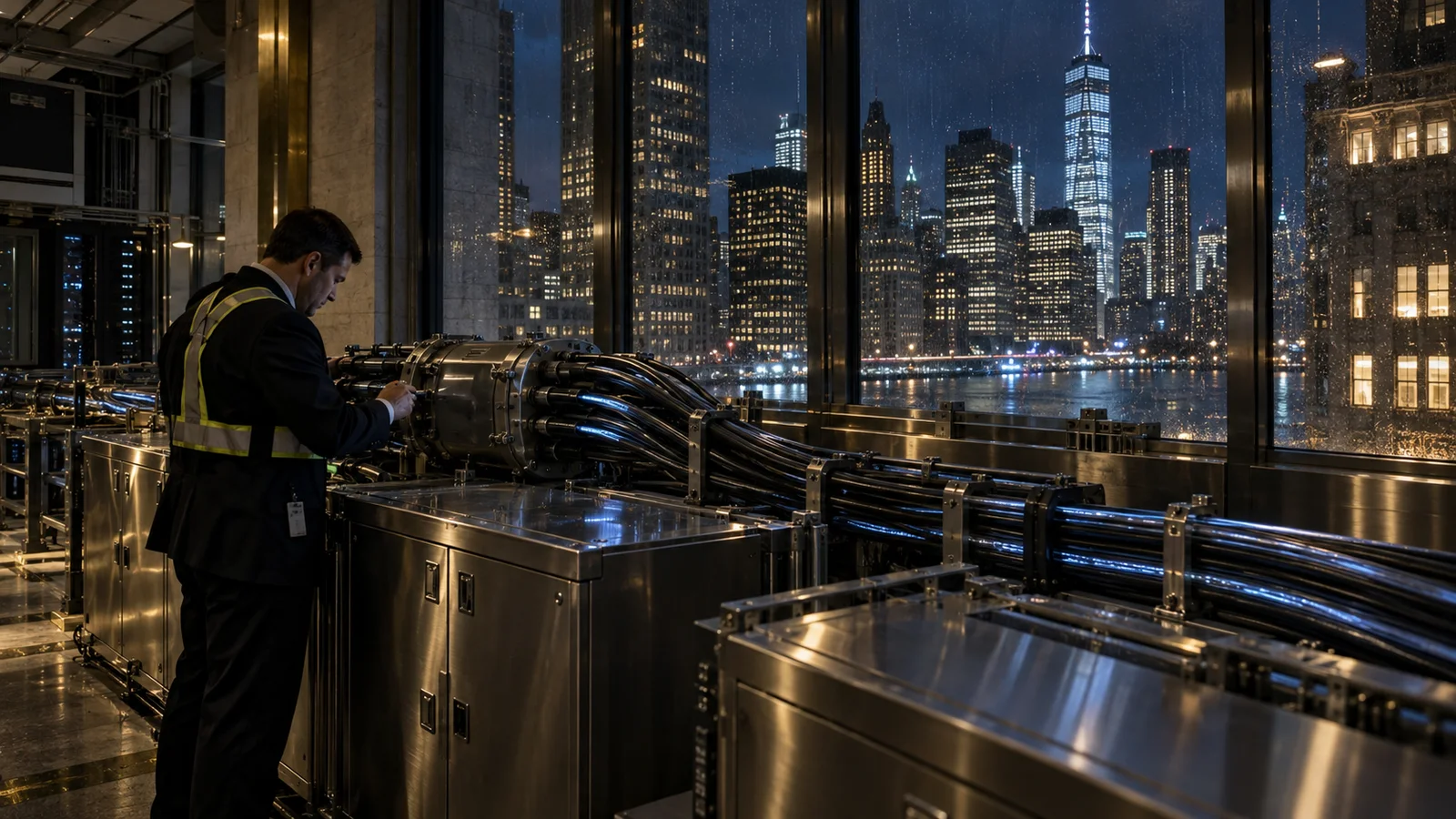 A technician inspecting dense bundles of financial-transfer conduits beside rain-streaked Manhattan windows at night