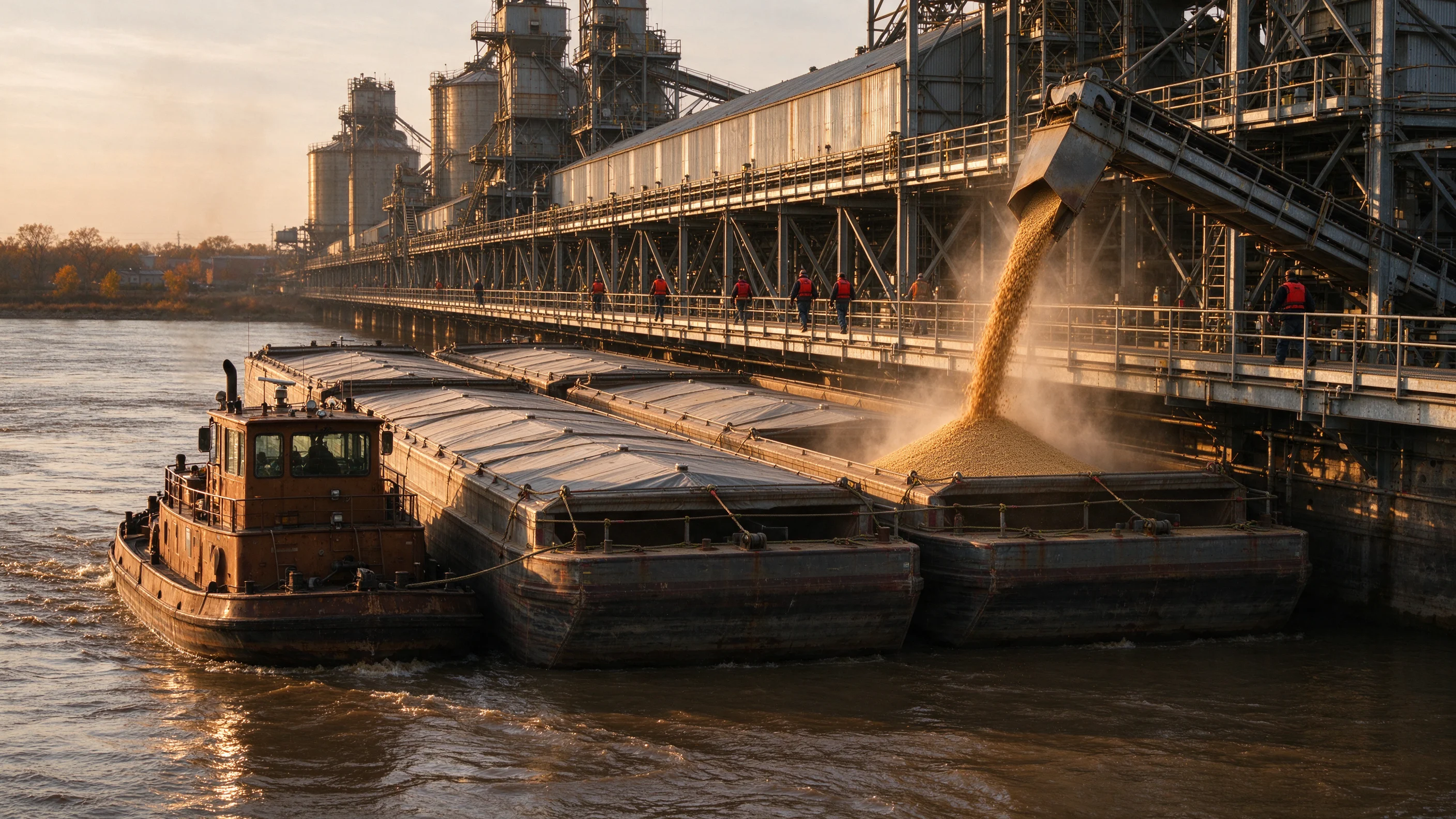Hopper barges lashed at a Mississippi River grain terminal at golden hour, soybeans pouring into a hold from a conveyor boom