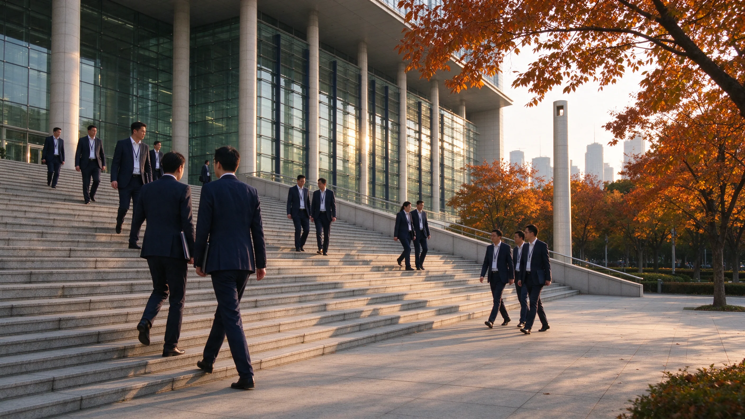 Bright autumn afternoon outside a Shanghai convention center after an integrated-circuits industry conference, engineers in lanyards dispersing across a sunlit plaza