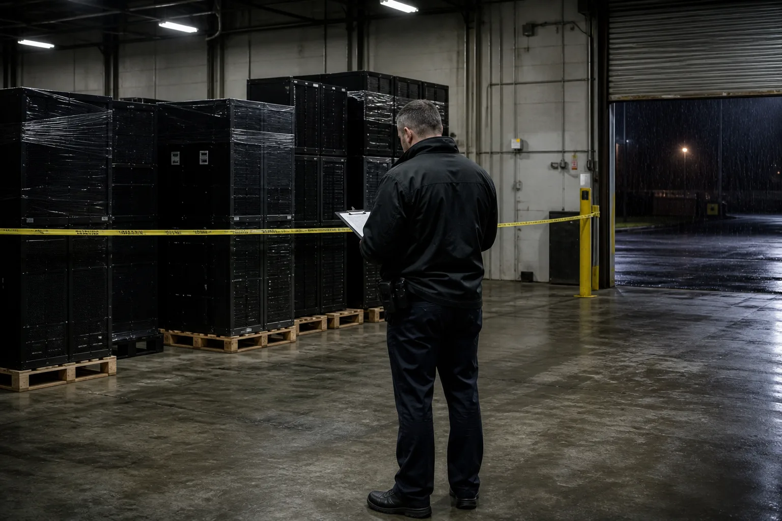 Bonded warehouse at night: unlabeled server crates behind yellow inspection tape, one officer with a clipboard