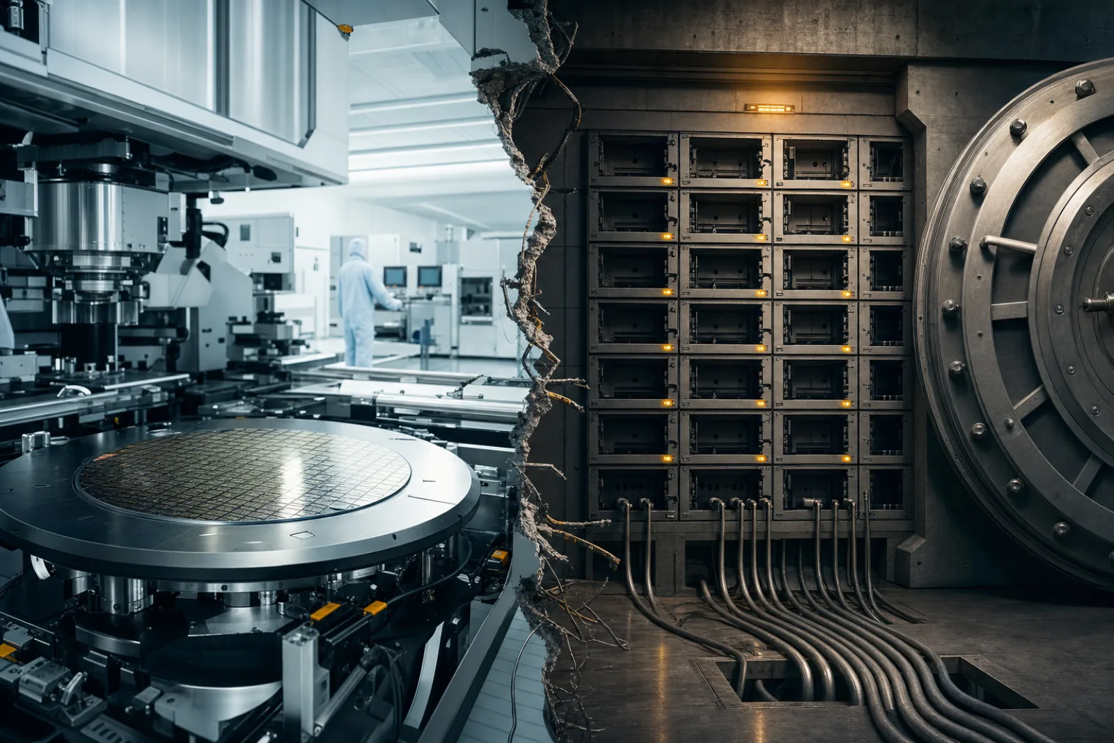 ASML-style lithography cleanroom beside an empty unfinished digital ledger vault