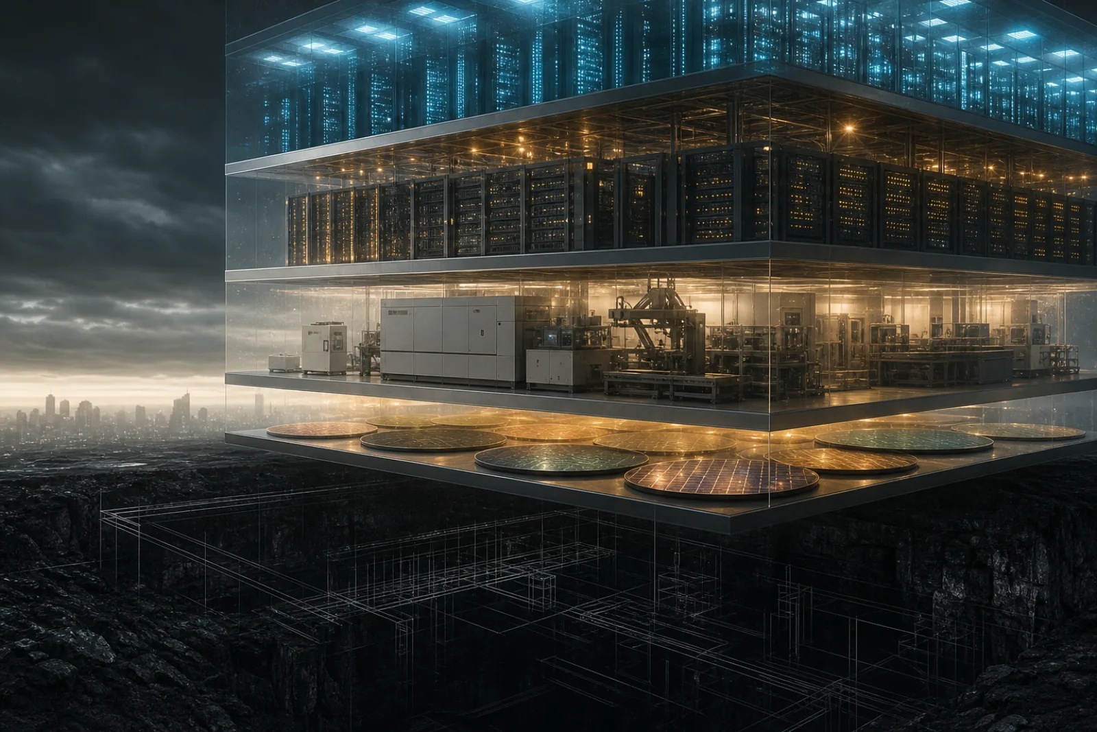 Layered compute stack of wafers, lithography tools, and GPU racks rising over an unfinished empty monetary foundation
