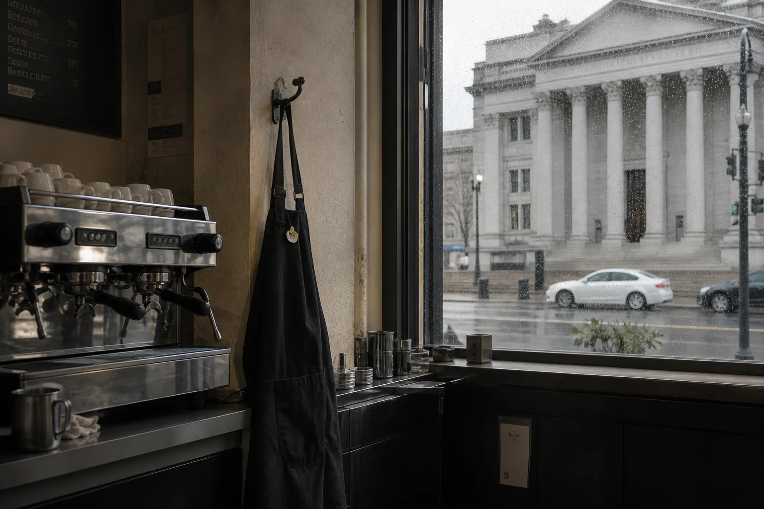 Dawn cafe counter with a pair of dark-framed glasses beside an espresso machine, rain on the window and a pale stone civic building across the street