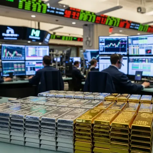 Electronic trading screens and stacked silver and gold bars with traders in the background