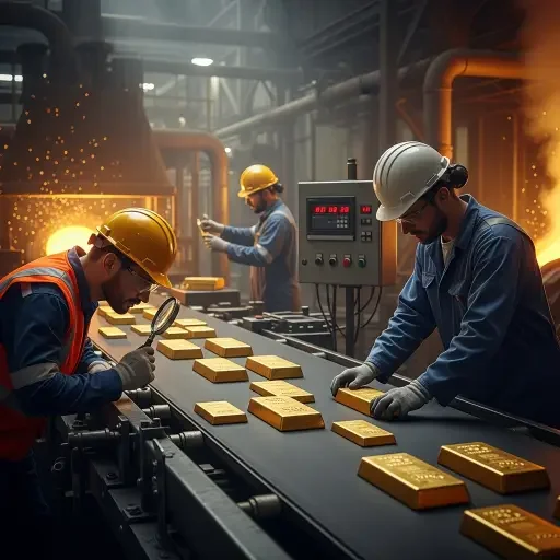Gold mine conveyor and refinery workers inspecting bars
