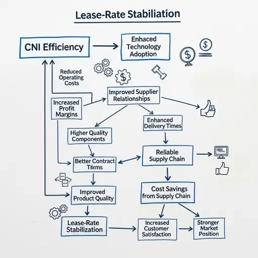 A whiteboard schematic showing the cascade from CNI efficiency to supplier upgrades and lease-rate stabilization