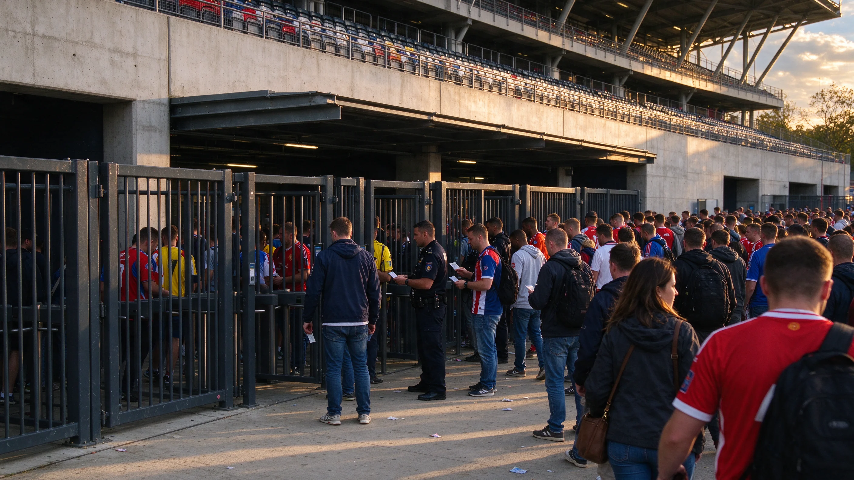 Late-afternoon fans entering a stadium through concrete gates and turnstiles as security checks tickets