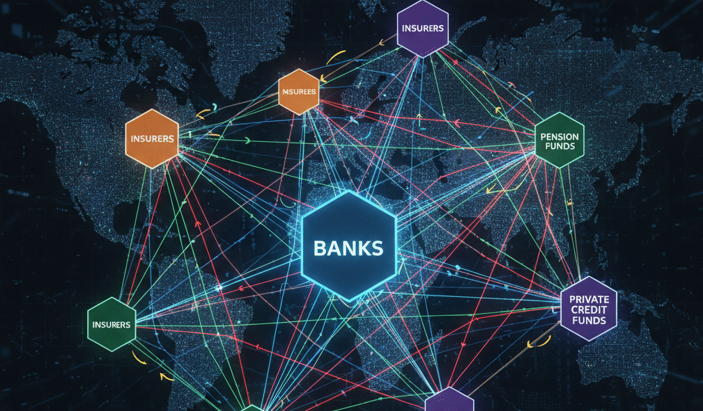 Interconnected network diagram showing complex financial relationships between banks, insurers, pension funds, and private credit funds, illustrating systemic contagion pathways