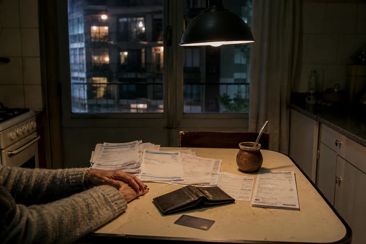 Night in a modest Buenos Aires kitchen with stacked utility bills and a credit-card statement under a single pendant lamp