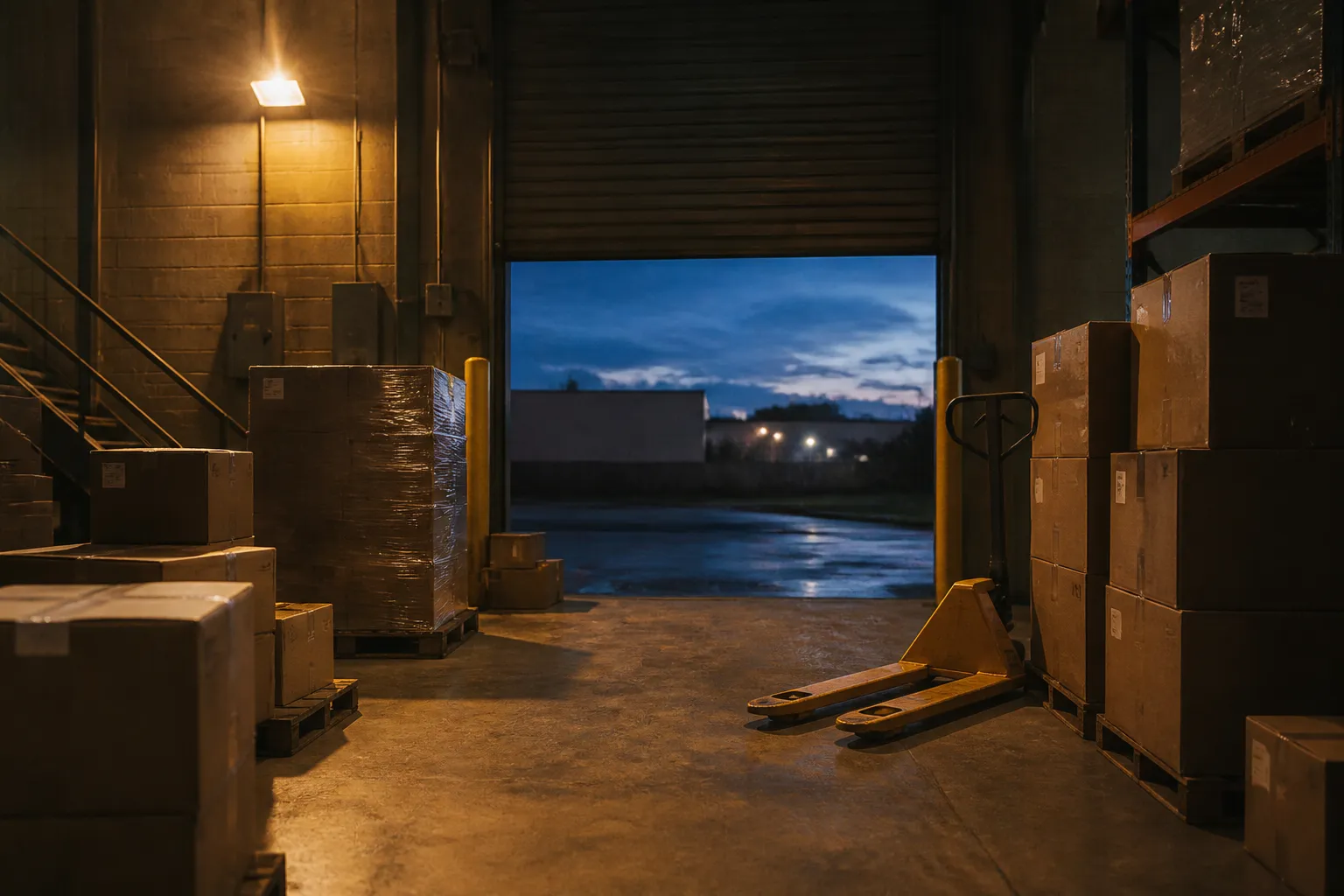 Idle warehouse receiving dock at dusk with unmarked cartons and a pallet jack under a half-open roll-up door