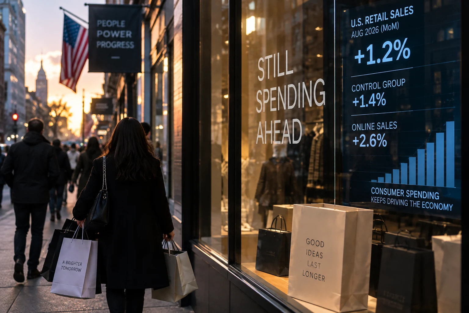 A shopper passes a storefront beside verified August retail-sales figures showing broad consumer strength