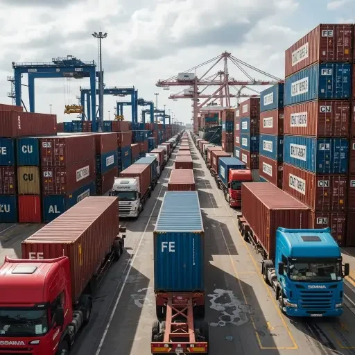 Container trucks queued at a coastal export terminal, containers marked with mineral shipping codes