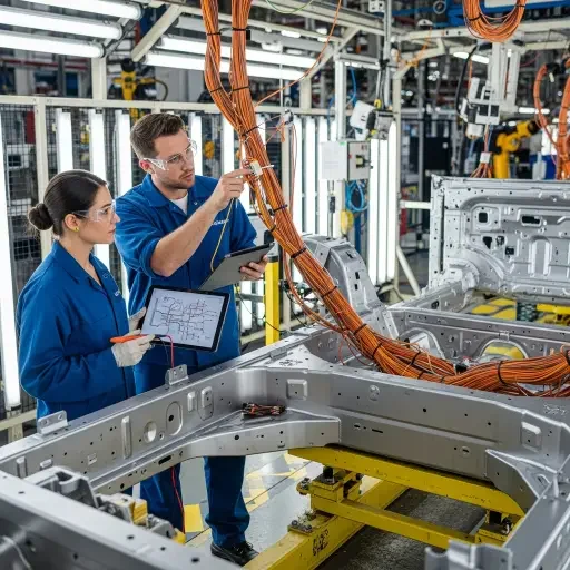 Engineers inspecting copper wiring in an electric vehicle assembly plant