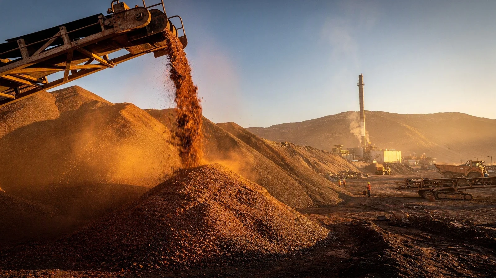 Copper concentrate pouring from a conveyor into a dusty outdoor stockpile at a smelter yard at golden hour, distant furnace stack with heat haze