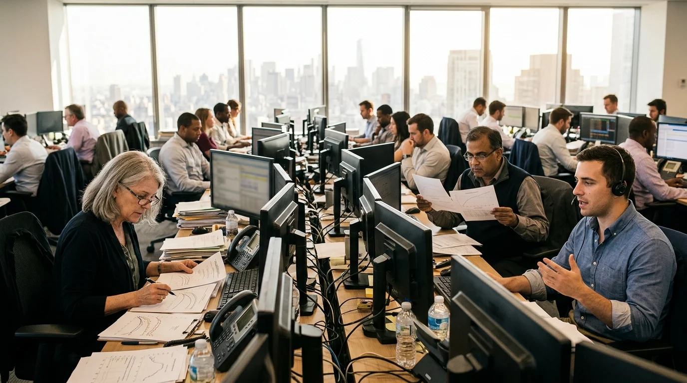 Bright afternoon on a sunlit fixed-income trading floor with three distinct traders reviewing yield printouts beside floor-to-ceiling windows