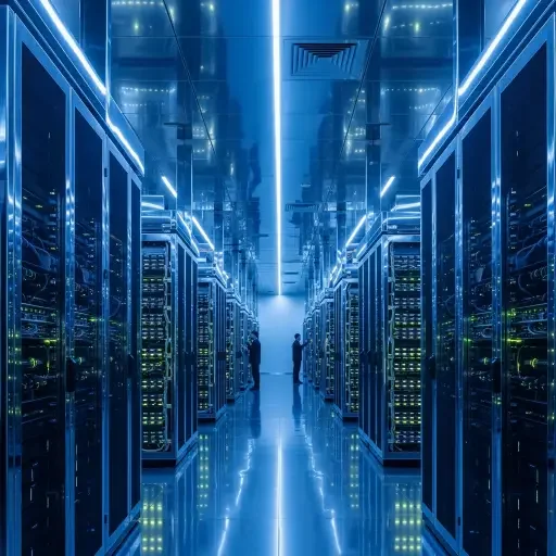 A chromed data hall with rows of GPU racks under cool-blue lighting.