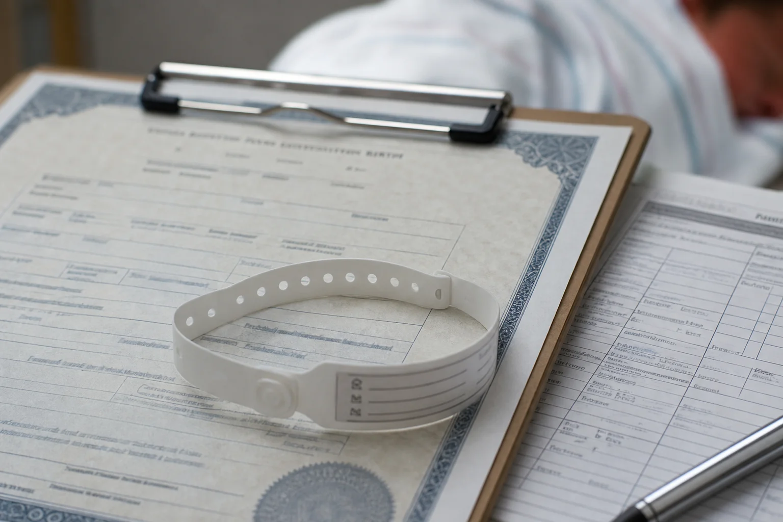 Hospital birth certificate paperwork and newborn identification wristband on a clinical clipboard