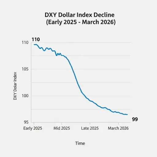 Chart showing the DXY dollar index declining from 110 in early 2025 to approximately 99 in March 2026