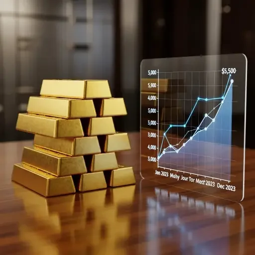 Gold bars stacked alongside a chart showing the metal's price trajectory from $3,000 to above $5,000 over the past year