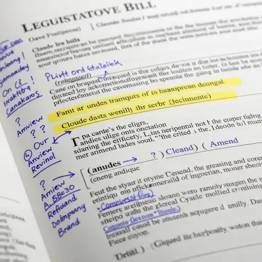 Close-up of a draft bill page with highlighted clauses and marginalia