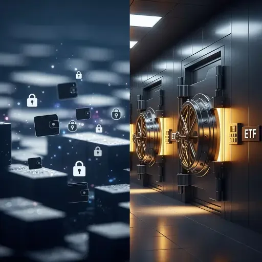 split-screen visualization showing dormant Bitcoin wallets on one side and institutional ETF vaults on the other