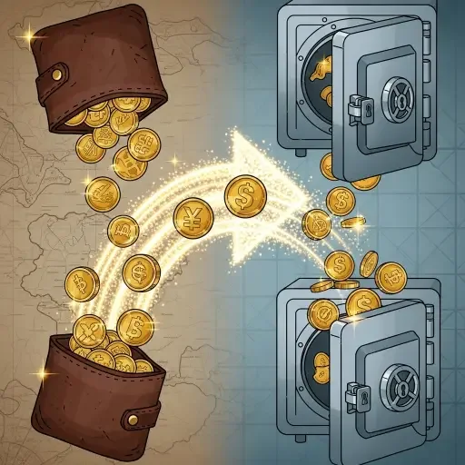 stylized graphic of coins passing from early-era wallets to institutional vaults