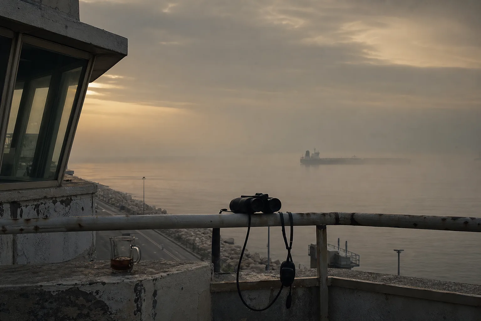 Empty pre-dawn harbor pilot station overlooking a fogged, nearly empty Strait of Hormuz