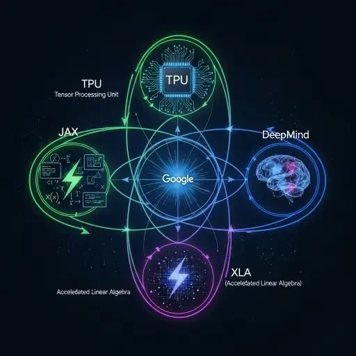 Network diagram showing Google's interconnected advantages—TPU, JAX, XLA, DeepMind converging