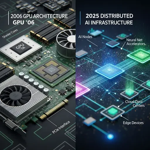 Split-screen comparison showing 2006-era GPU architecture on left, 2025 distributed AI infrastructure on right