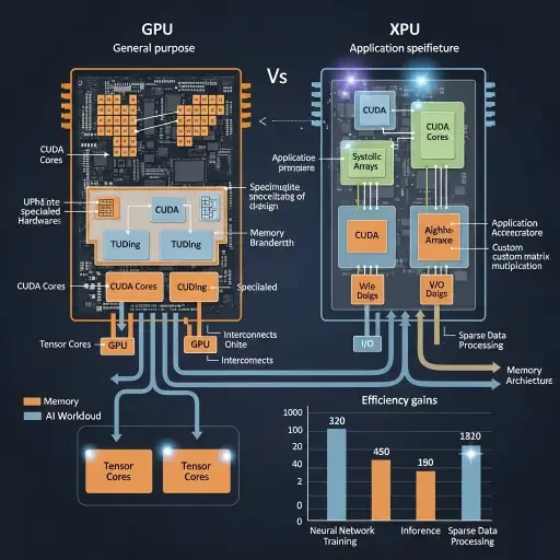 Diagram comparing general-purpose GPU architecture with custom XPU design showing efficiency gains for specific AI workloads