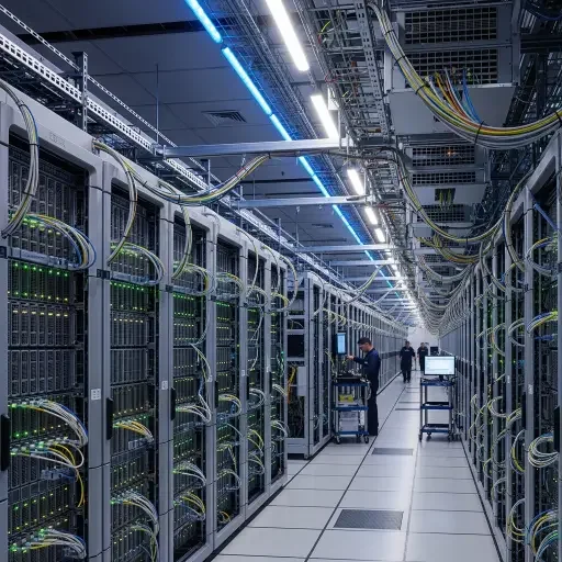 Inside a hyperscale data center showing rows of custom AI accelerator racks connected by high-bandwidth networking fabric